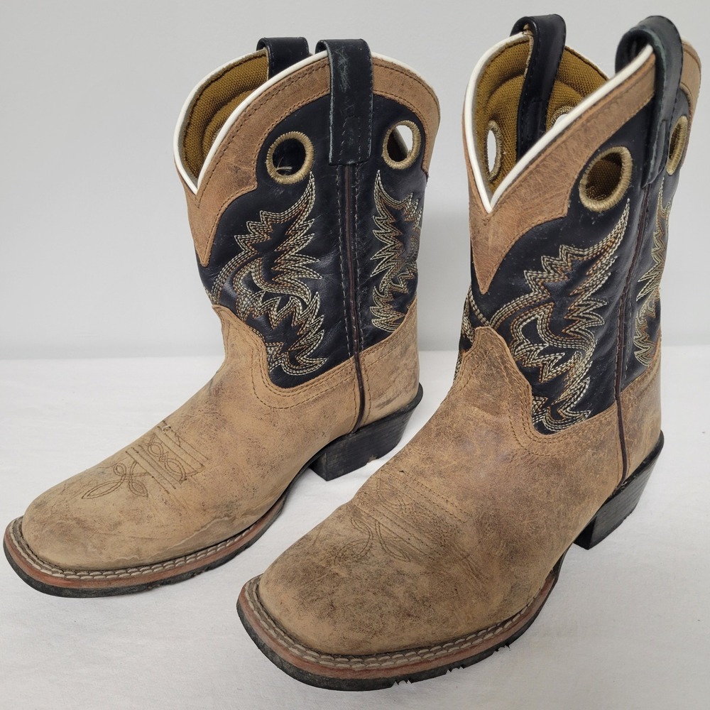 Dan Post Kids Tan Black Leather Square Toe Western Cowboy Boots SEE DESCRIPTION